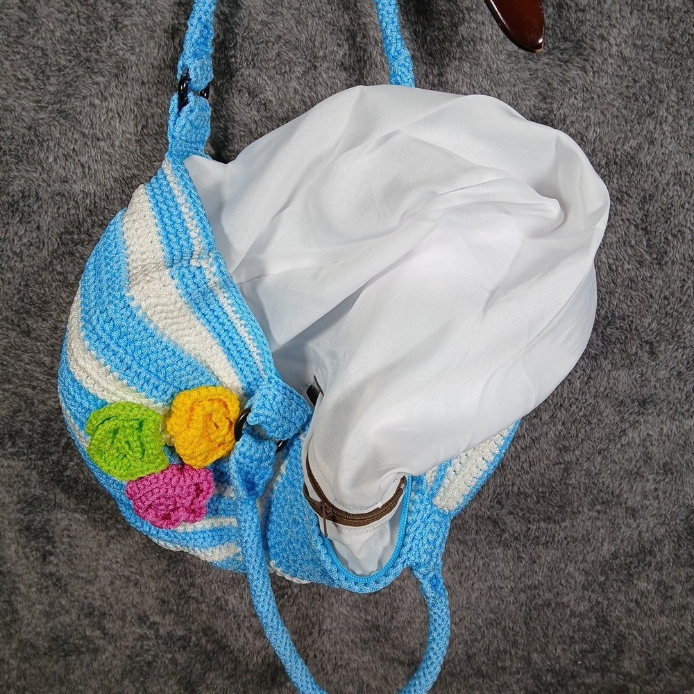 Women's Crotchet Purse Bag Tote Handmade Round Flowers Blue White NEW! - Picture 12 of 12